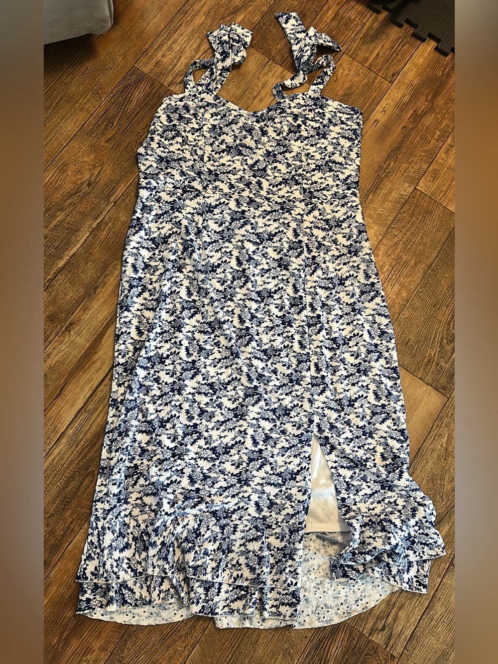 Blue and White Floral Tie-Strap Midi Dress